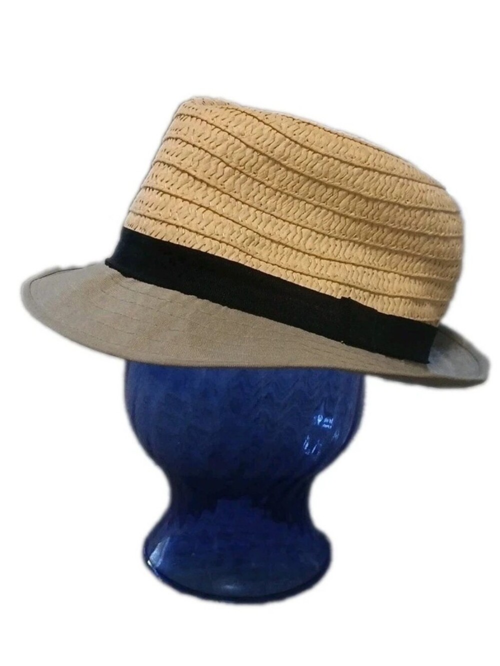 No Brand Tag Childrens Toddler Fidora  Sun Hat Natural with Gray Brim Navy Band